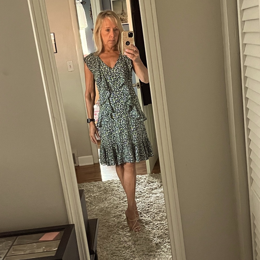 Michael Kors sleeveless dress - blue/green/white flowers with ruffle detail.